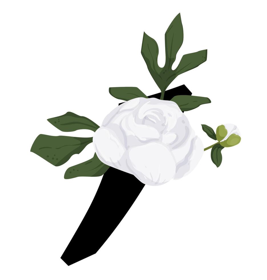 A white rose and green leaves on a black tie vector