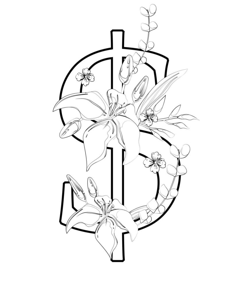 A drawing of a dollar sign with flowers and leaves vector