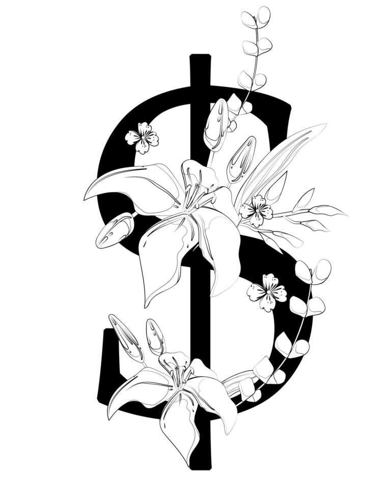 A drawing of a dollar sign with flowers and leaves vector
