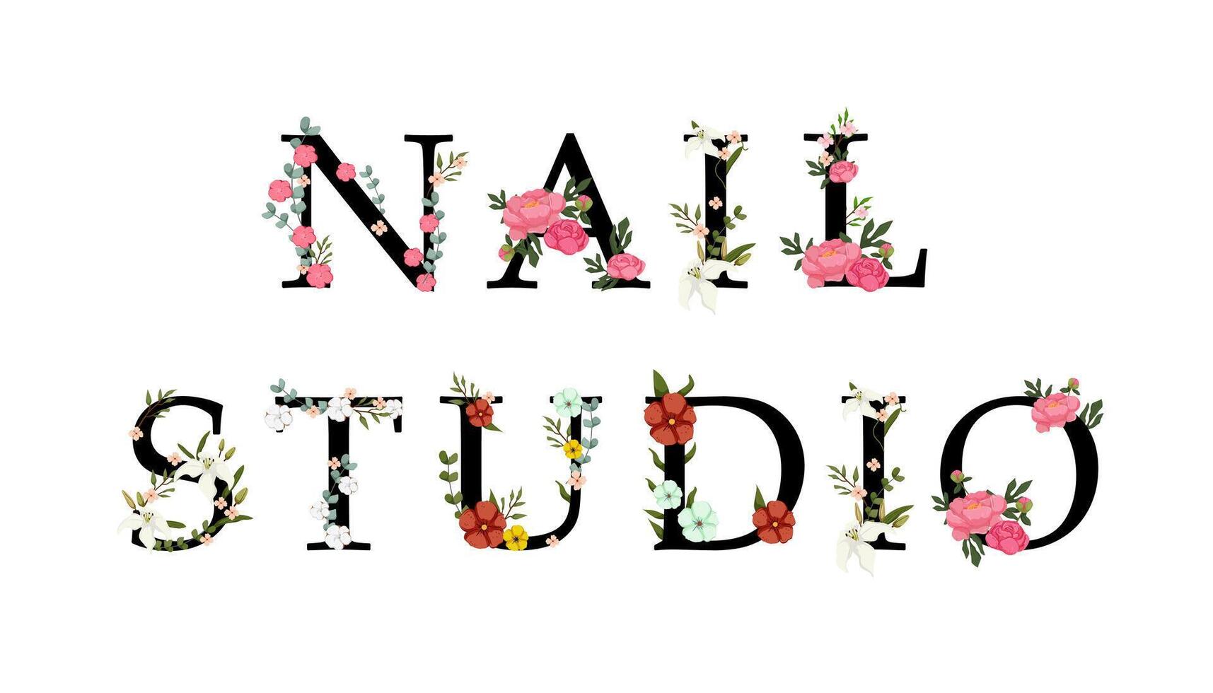 The word nail studio is surrounded by flowers vector