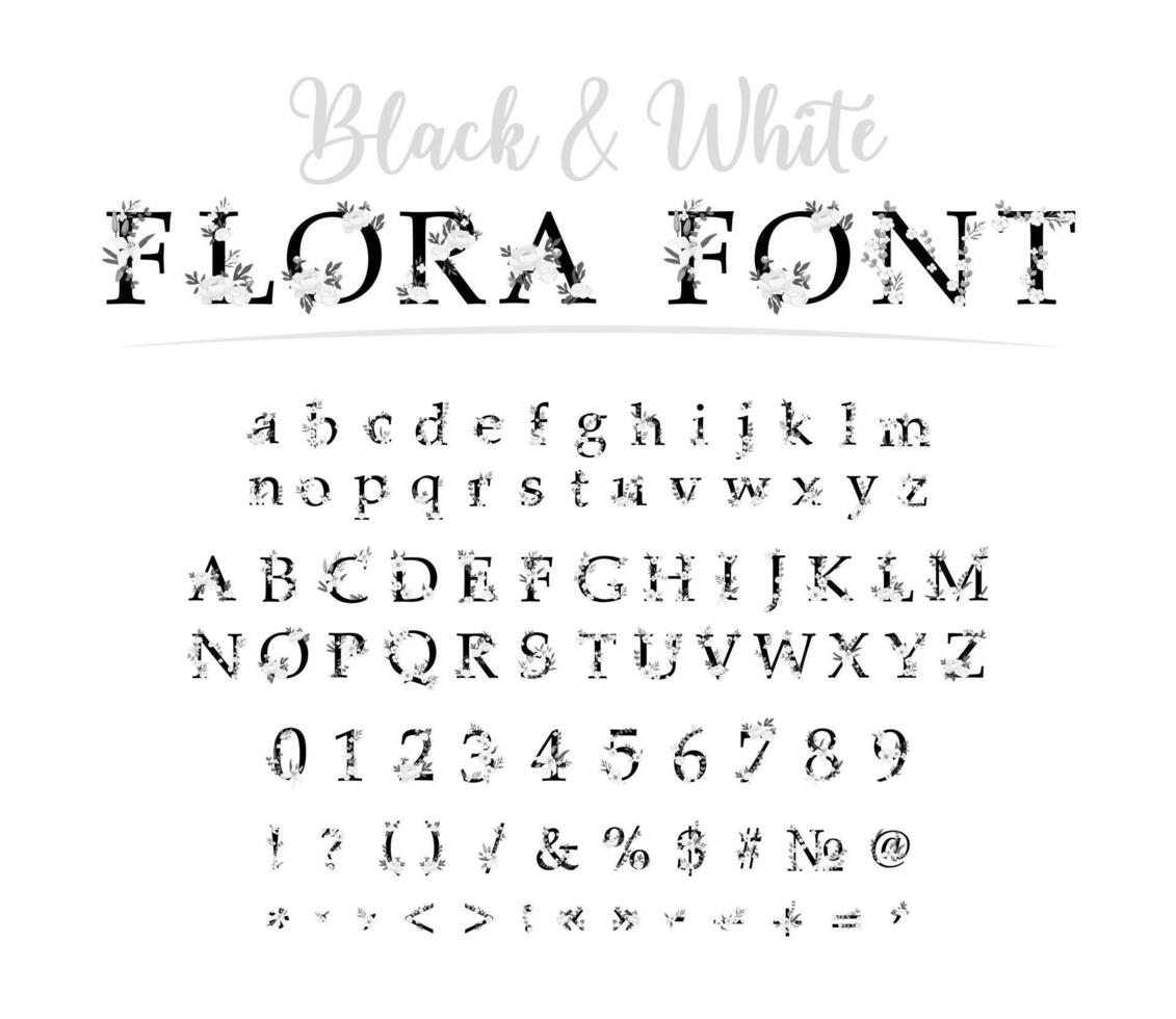 Black and white floral font vector