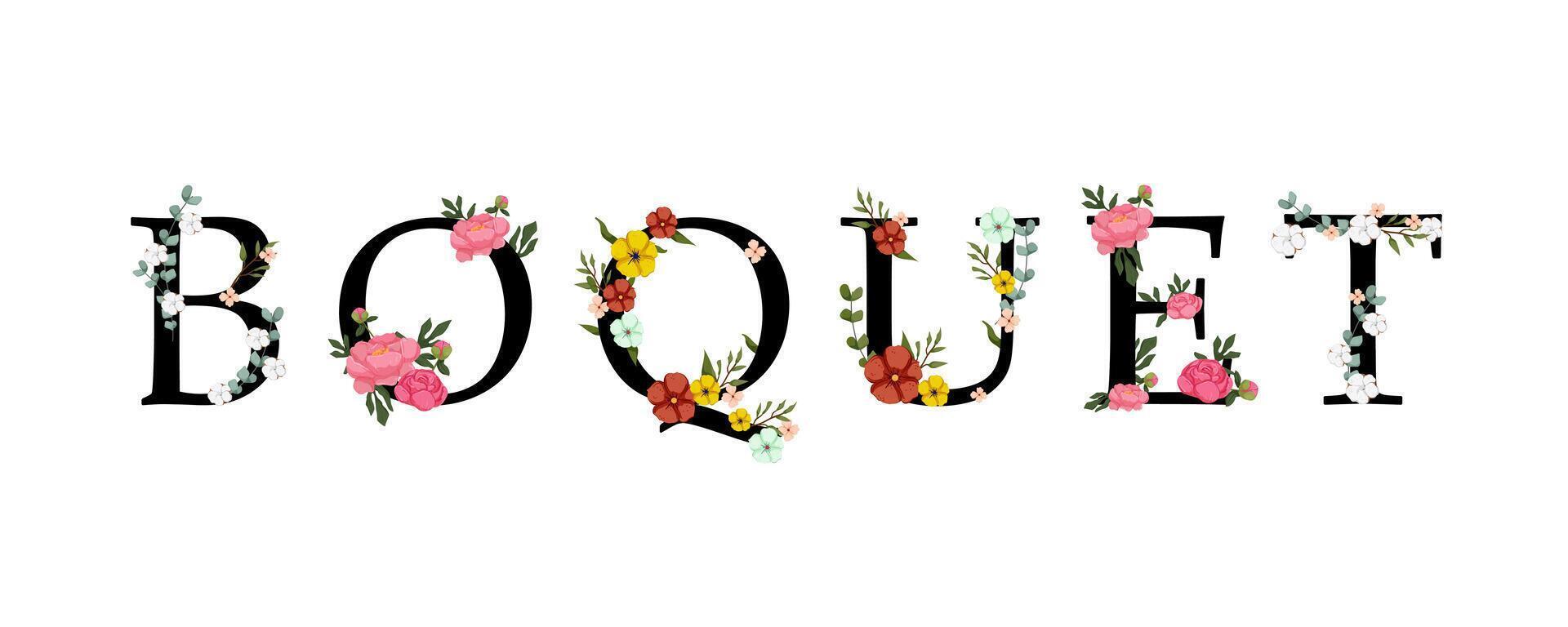 The word bouquet is made of flowers and is on a white background vector