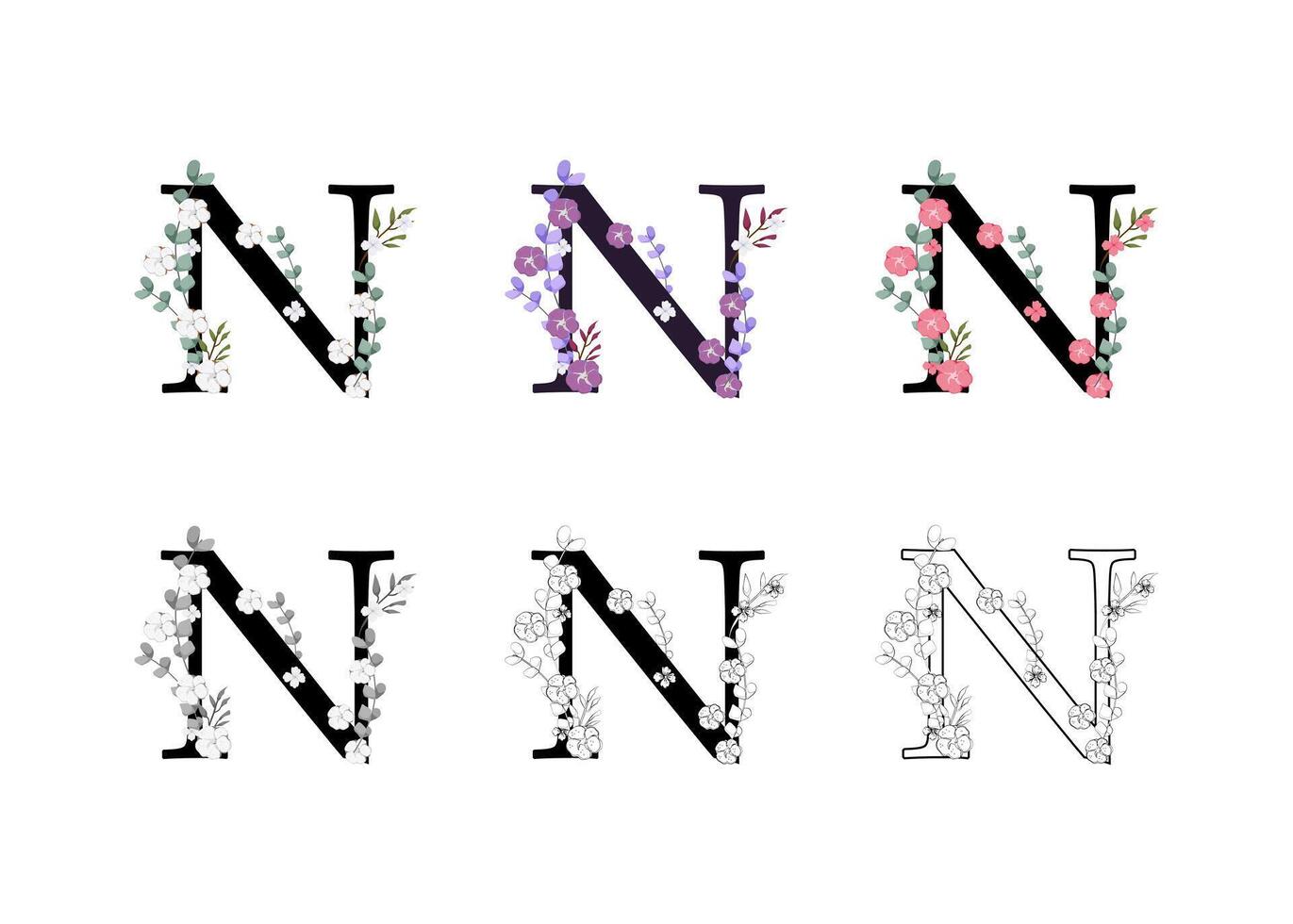 The letter n is surrounded by flowers vector
