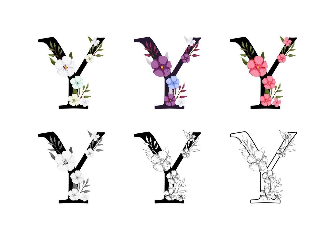 The letter y is decorated with flowers and leaves vector