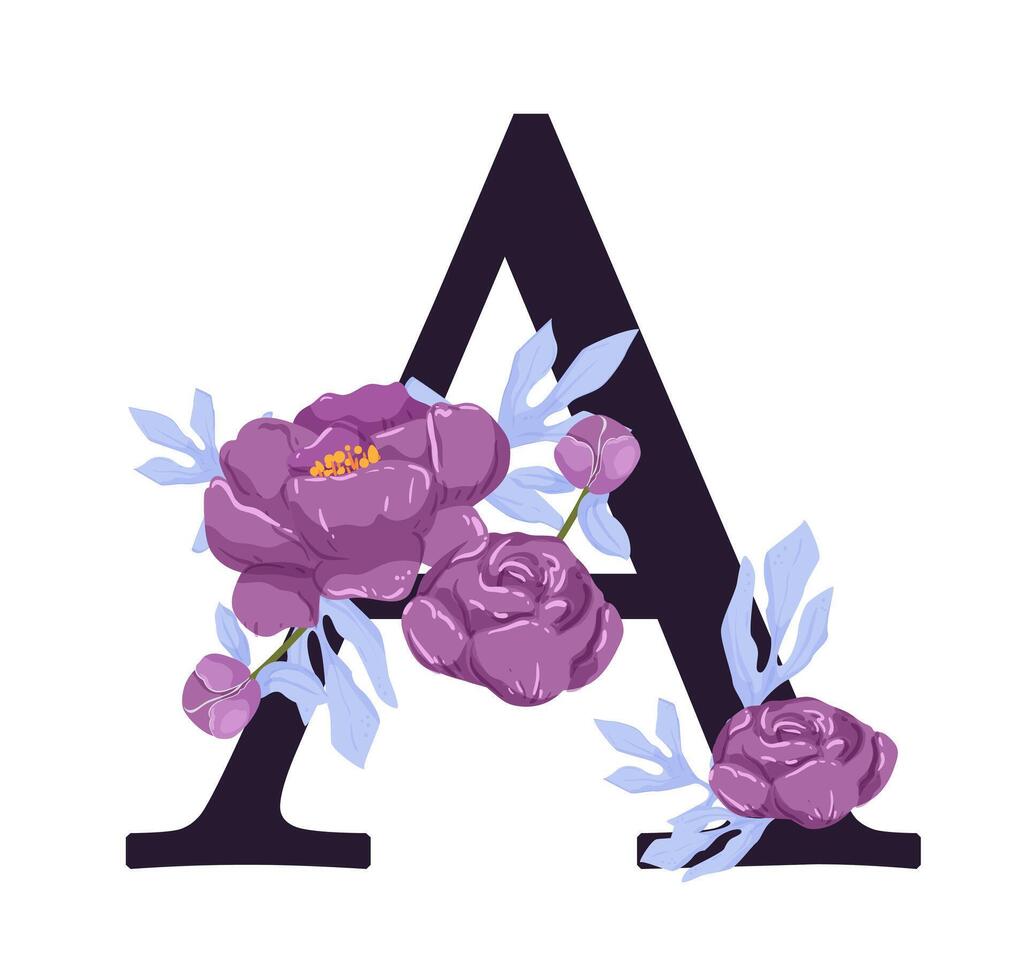 The letter a is decorated with purple flowers vector