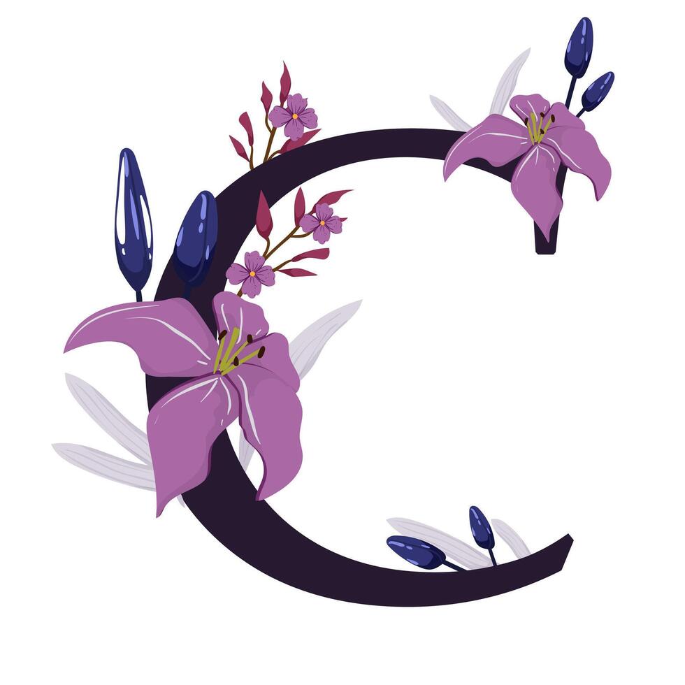 The letter c is decorated with purple flowers vector