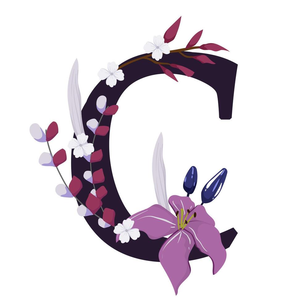 The letter c is decorated with flowers and leaves vector