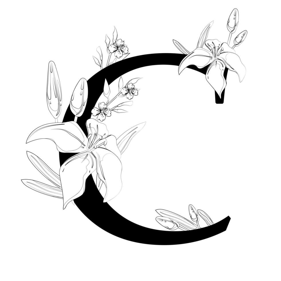 A black and white drawing of a letter c with flowers vector