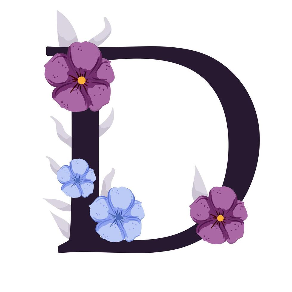 The letter d is made up of purple and blue flowers vector