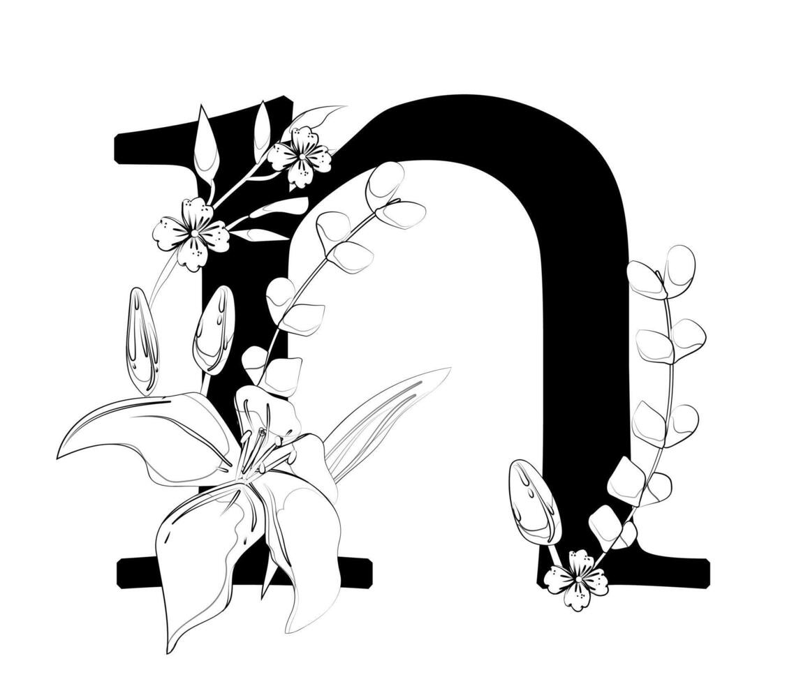 The letter n is surrounded by flowers and leaves vector