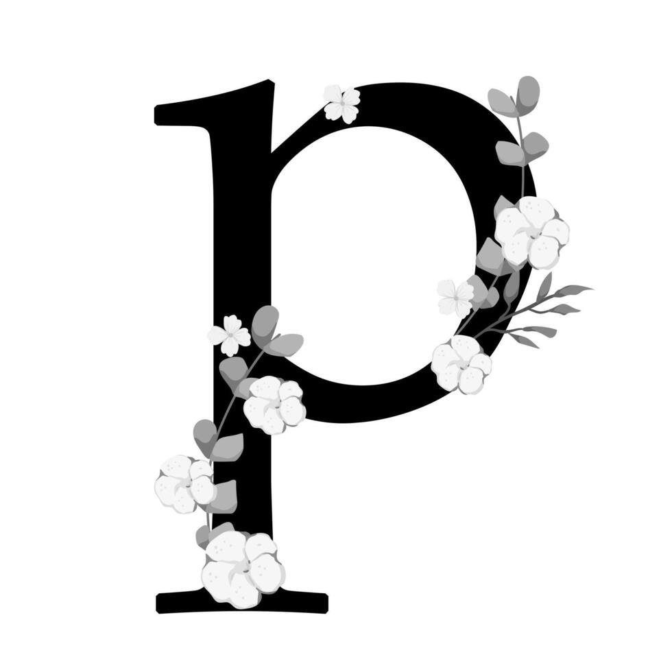The letter p is surrounded by flowers vector