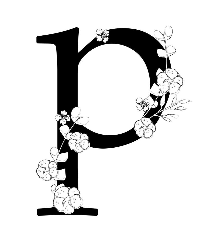 A black and white drawing of the letter p with flowers vector