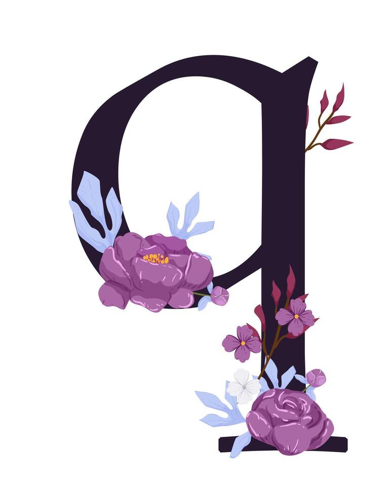 The letter p is decorated with purple flowers vector
