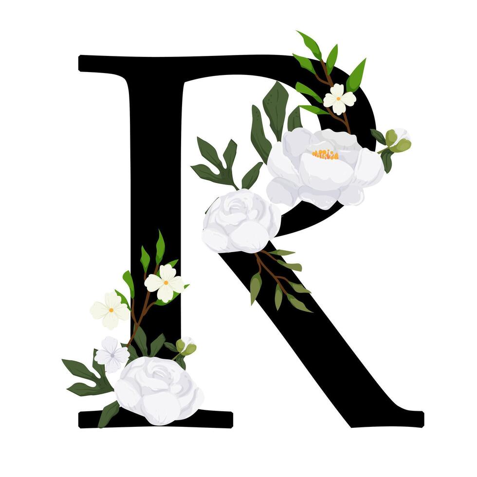 The letter r is decorated with flowers and leaves vector