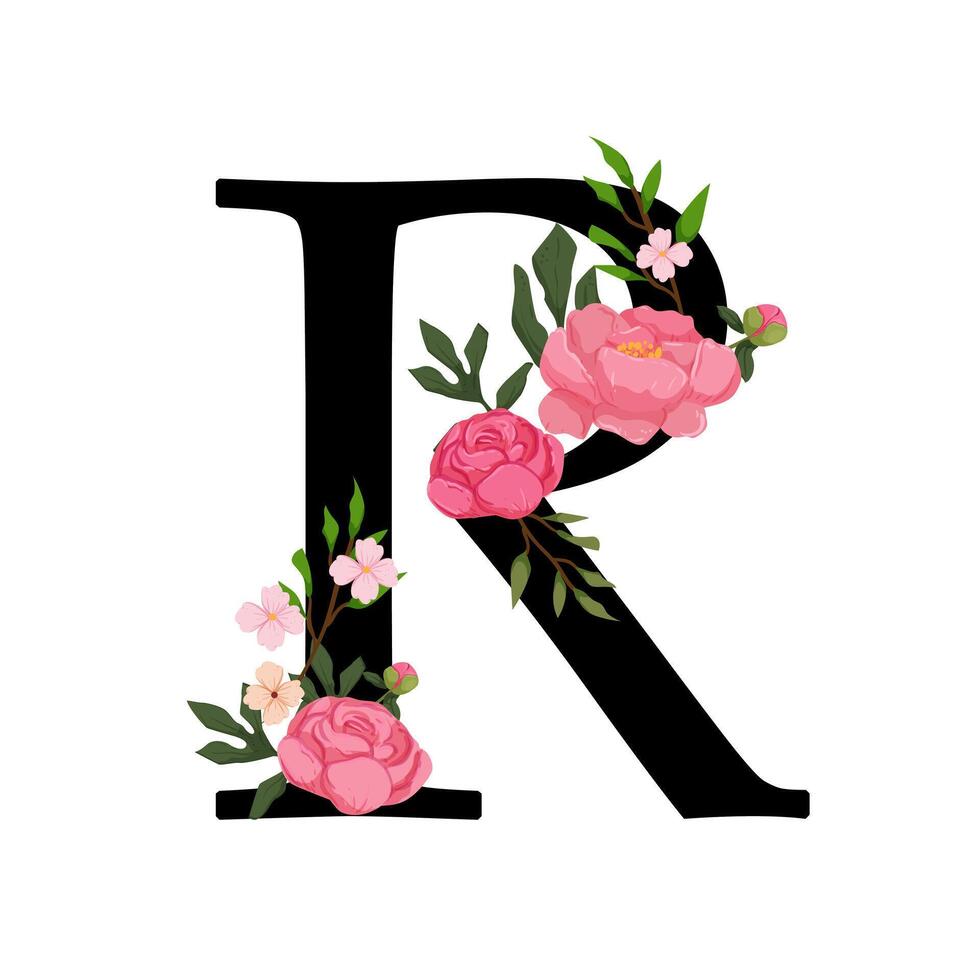 The letter r is decorated with flowers vector