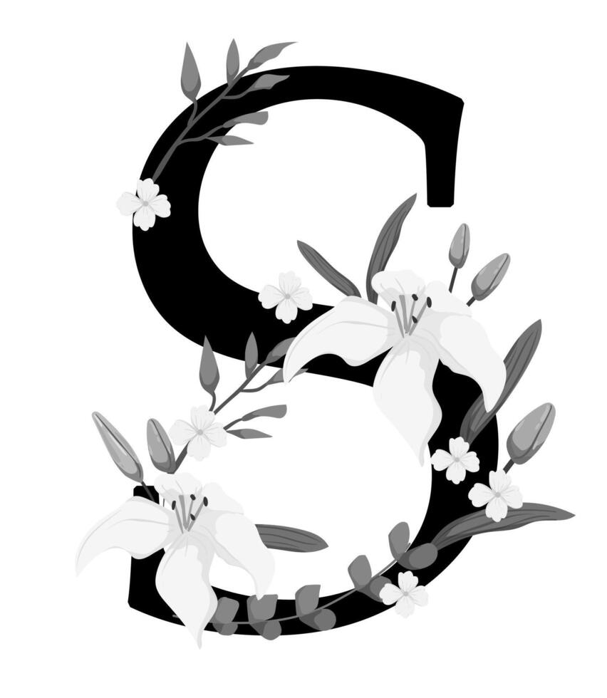 A black and white floral letter s with white flowers vector