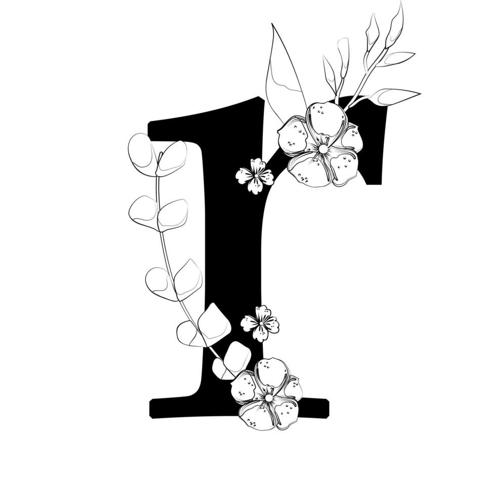 A black and white drawing of a letter f with flowers vector