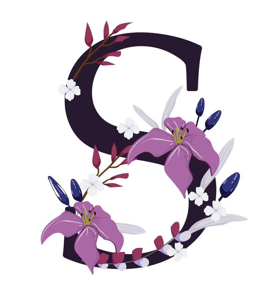 The letter s is decorated with purple flowers and leaves vector
