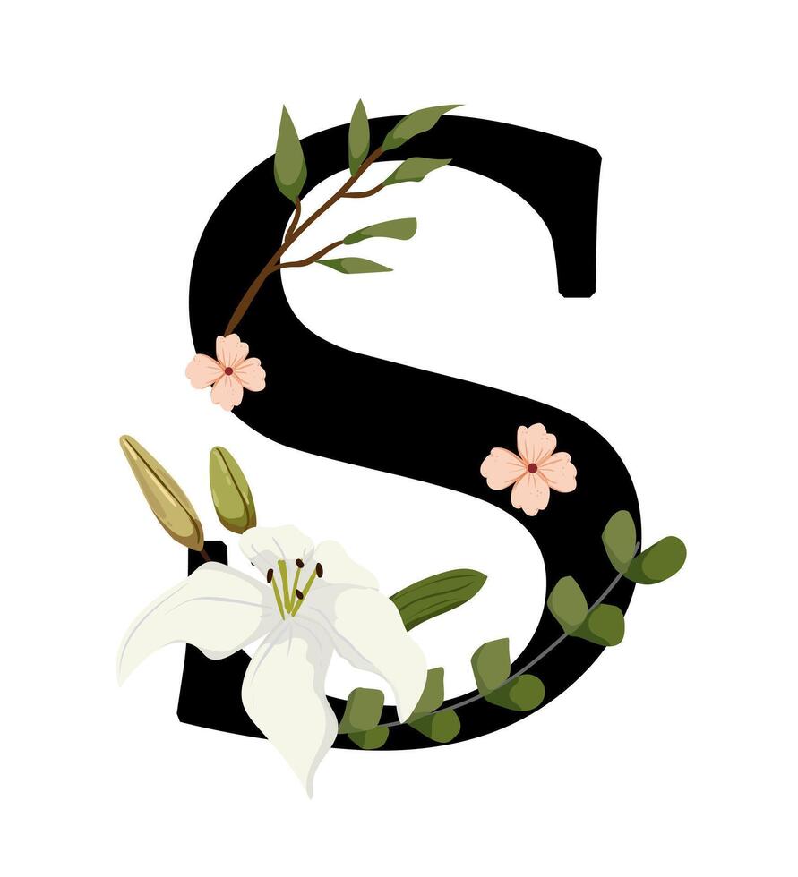 The letter s with flowers and leaves vector