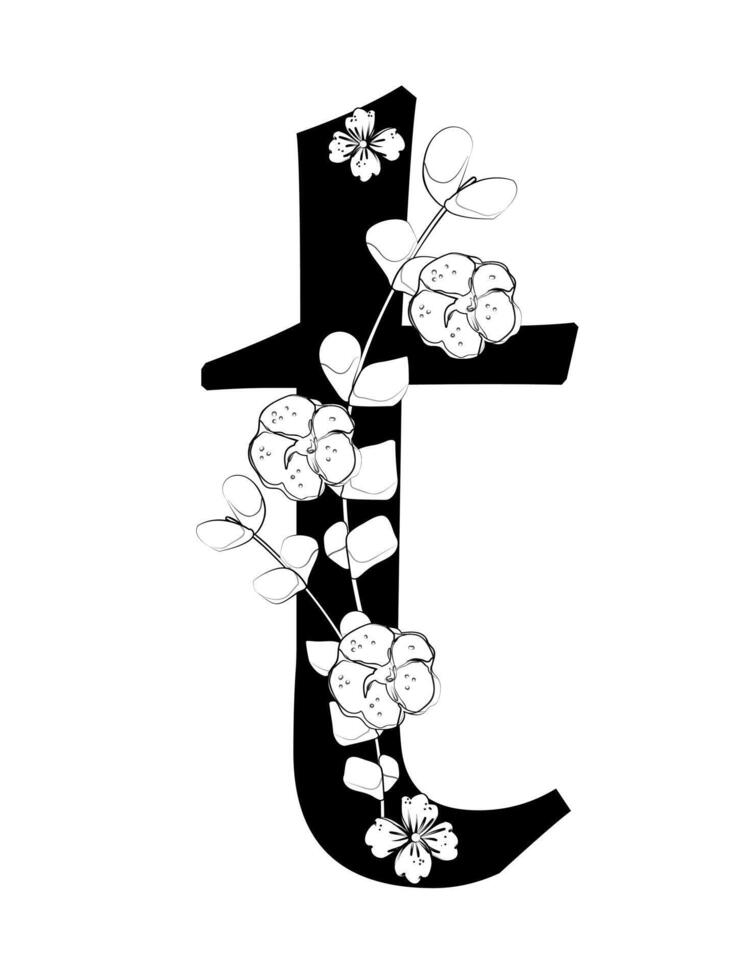 A black and white drawing of a letter t with flowers vector
