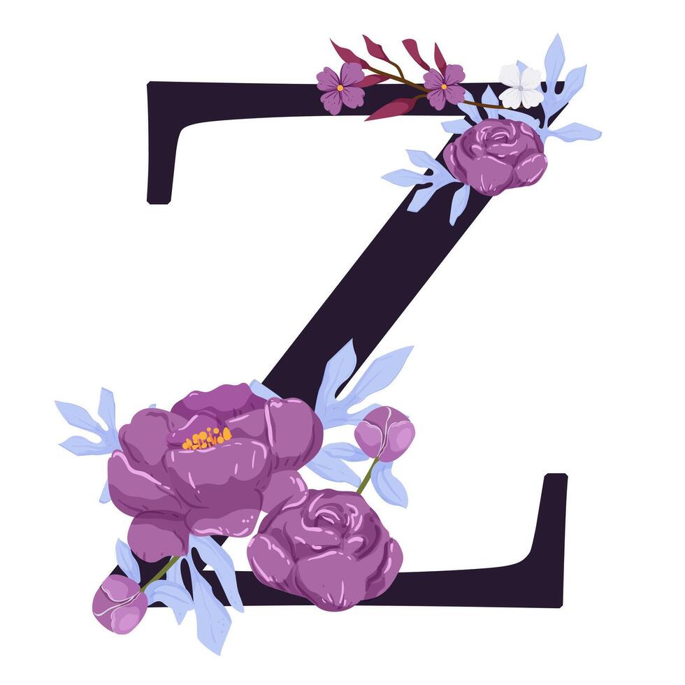 The letter z is decorated with purple flowers vector