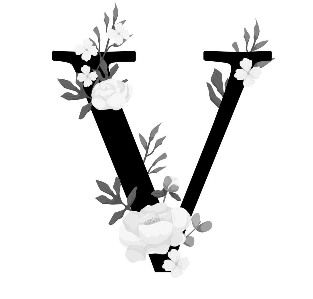 The letter v is surrounded by flowers vector