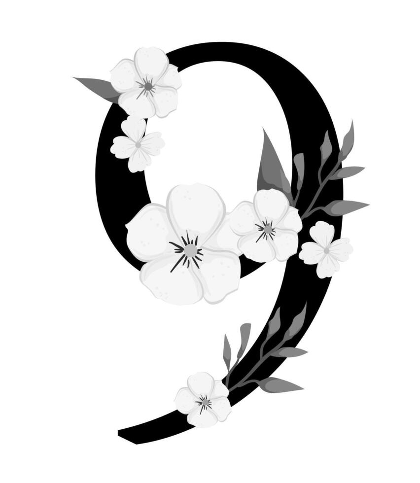 The number nine is surrounded by flowers vector