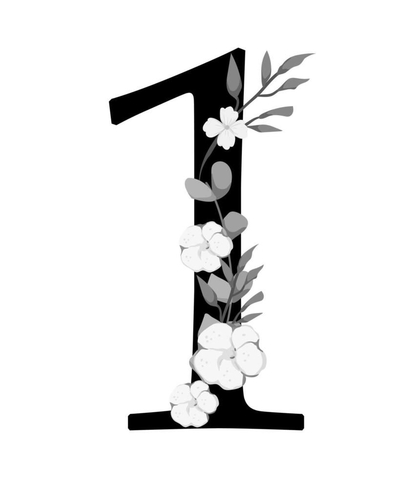 A black and white floral number one vector