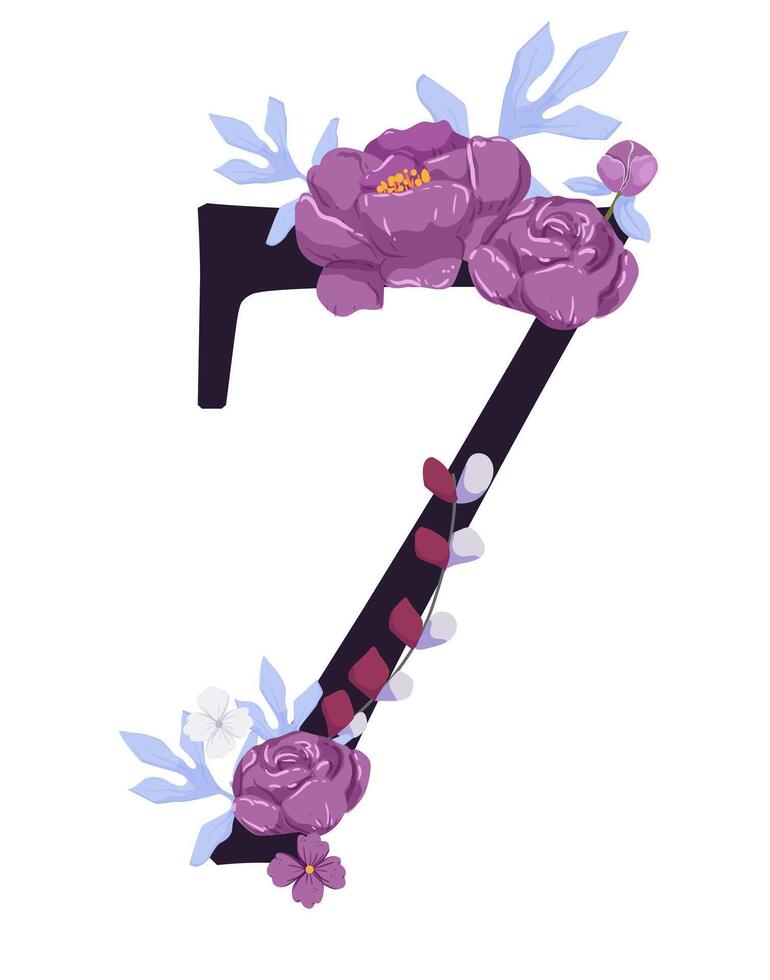 A number 7 with purple flowers and leaves vector