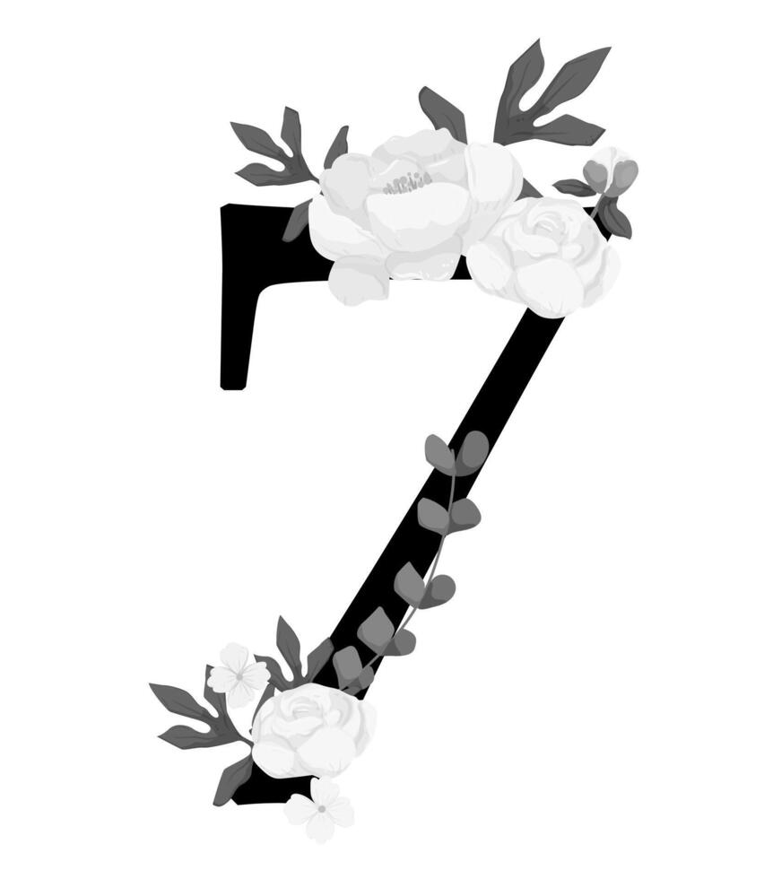A black and white floral number seven with leaves vector