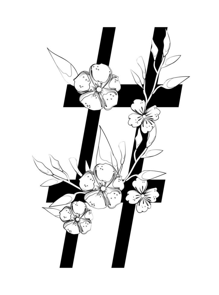 A black and white drawing of flowers and a cross vector