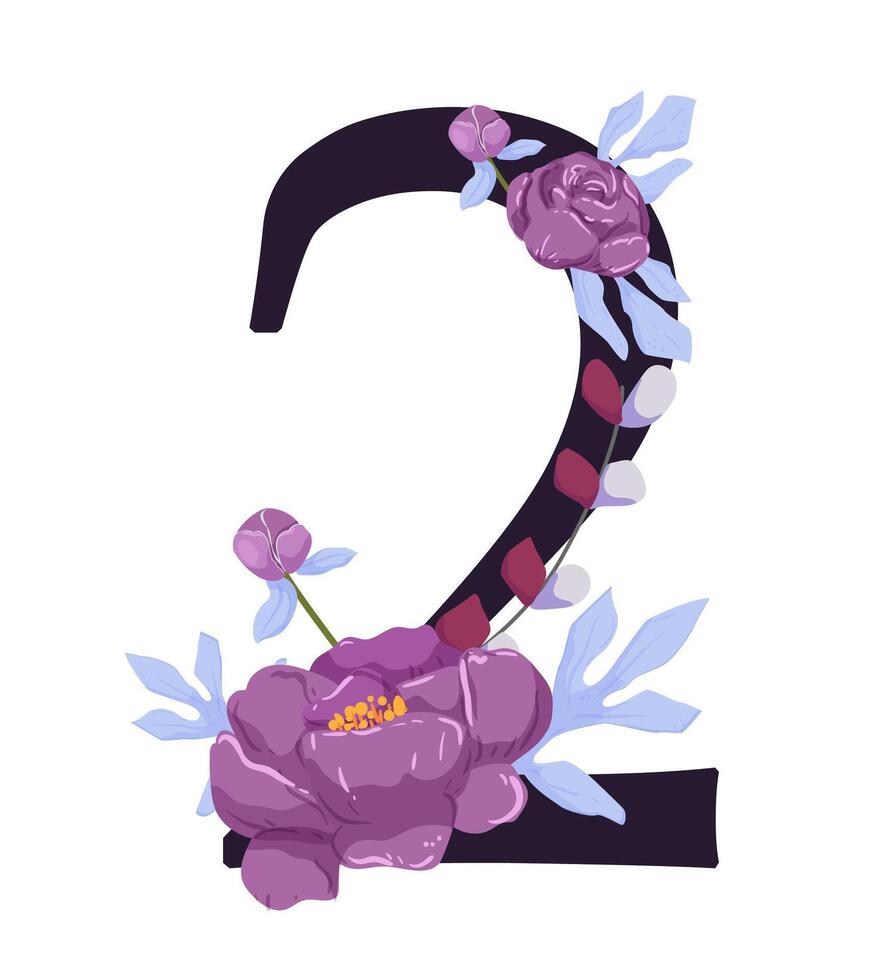 Number 2 with flowers and leaves illustration vector