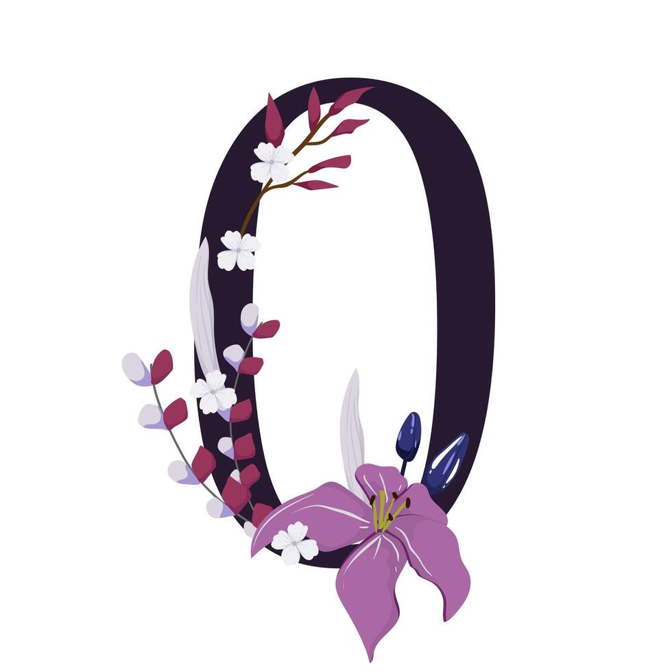 The letter o is decorated with flowers and leaves vector