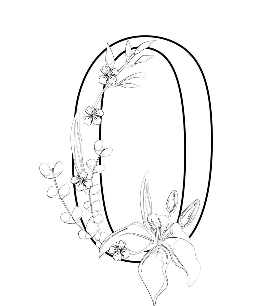 A coloring page with the letter o with flowers vector