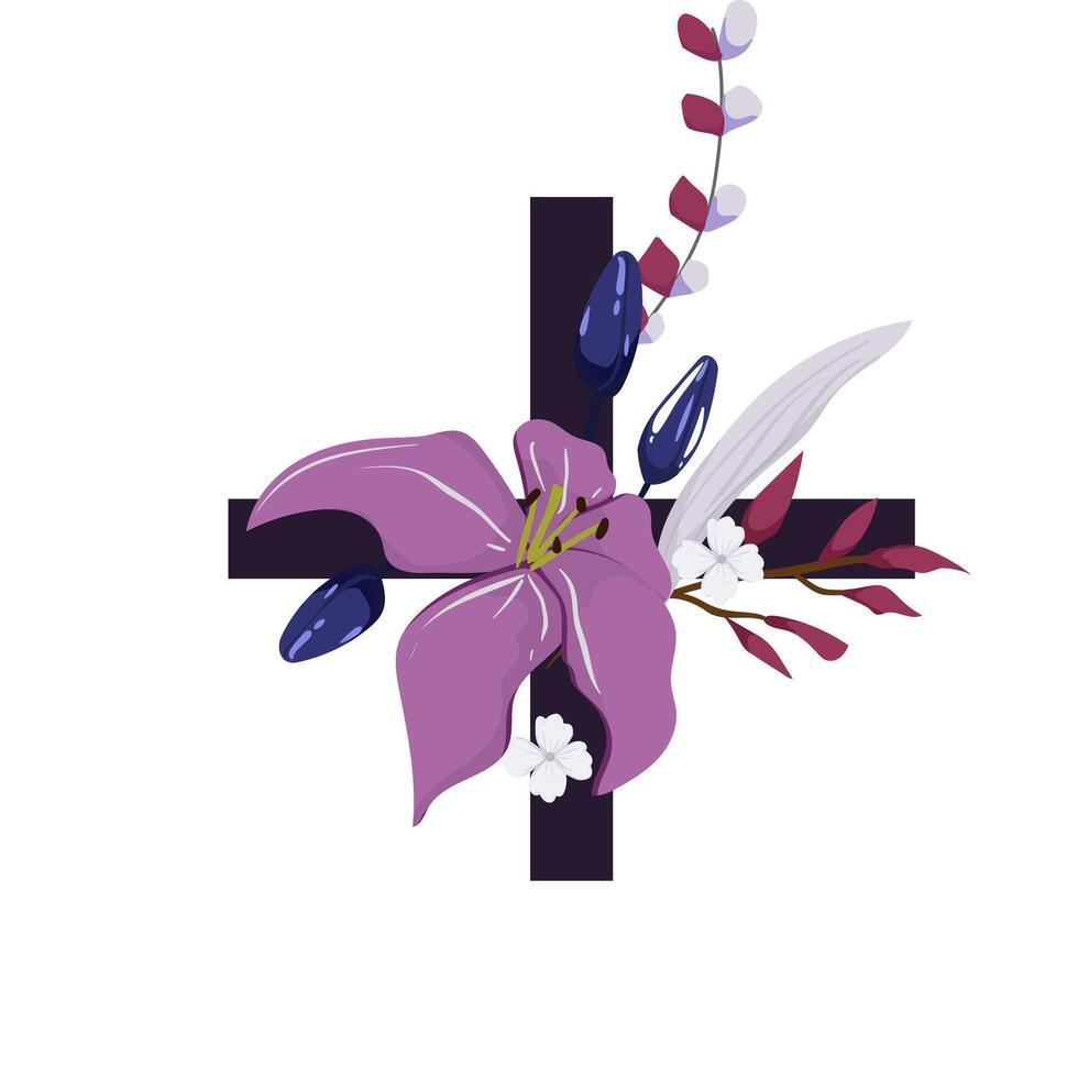 A cross with purple flowers and leaves on it vector