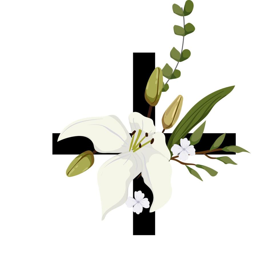 Easter cross with white lily and leaves illustration vector