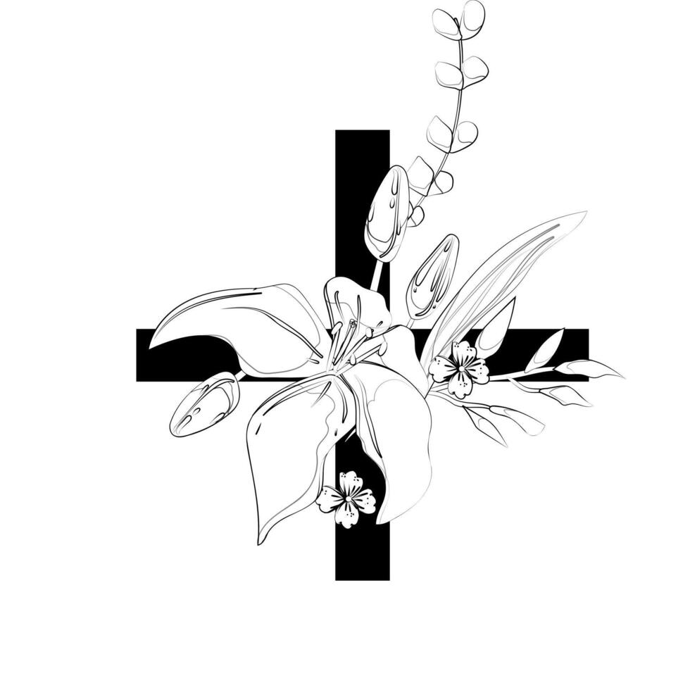 A black and white drawing of a cross with flowers vector