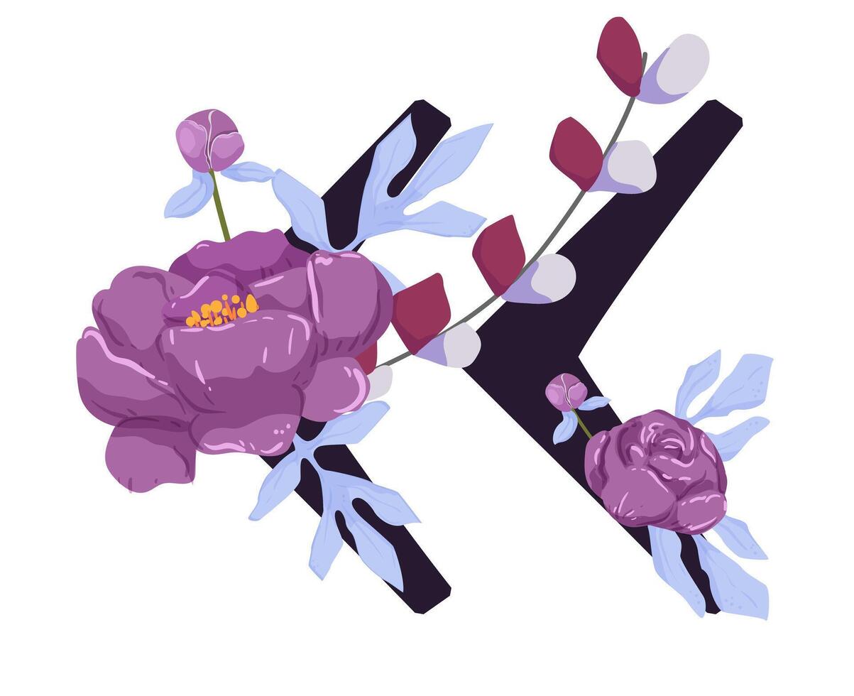 The letter k is surrounded by flowers vector