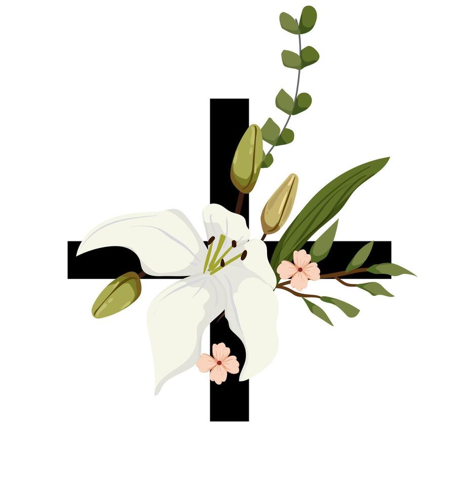 Easter cross with flowers and leaves illustration vector