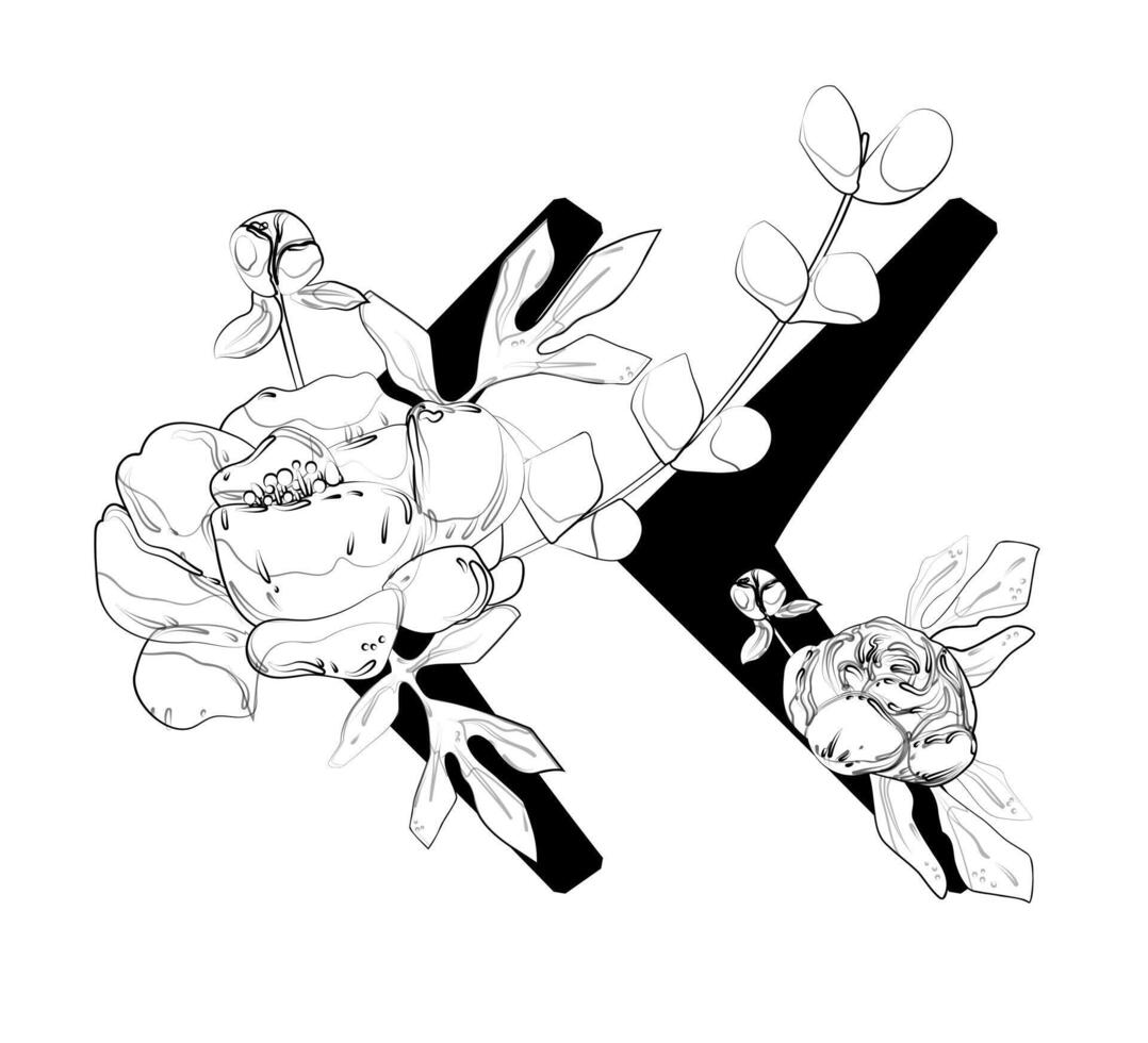 A drawing of a letter k with flowers vector