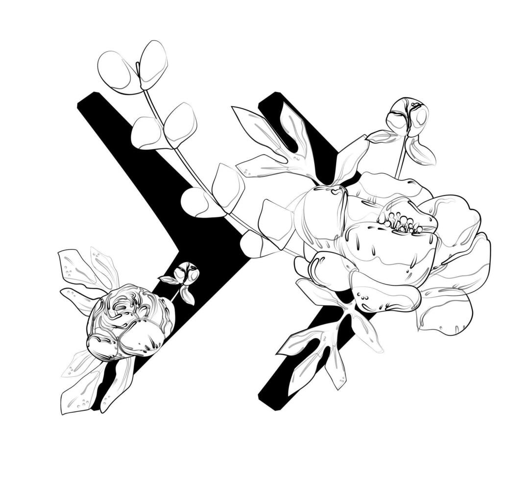 A black and white drawing of a flower and leaves vector
