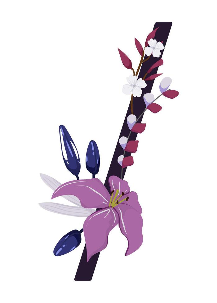 A purple flower and a white flower are on a stick vector