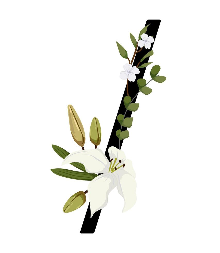 A white lily and green leaves are on a black stick vector
