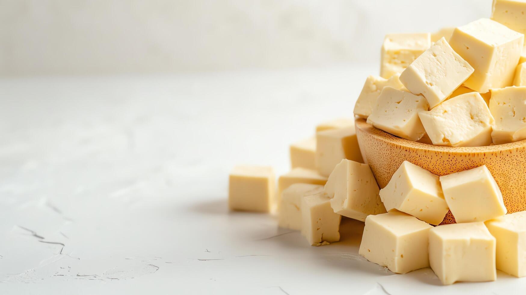 Delicious cubes of creamy cheese on a table. photo