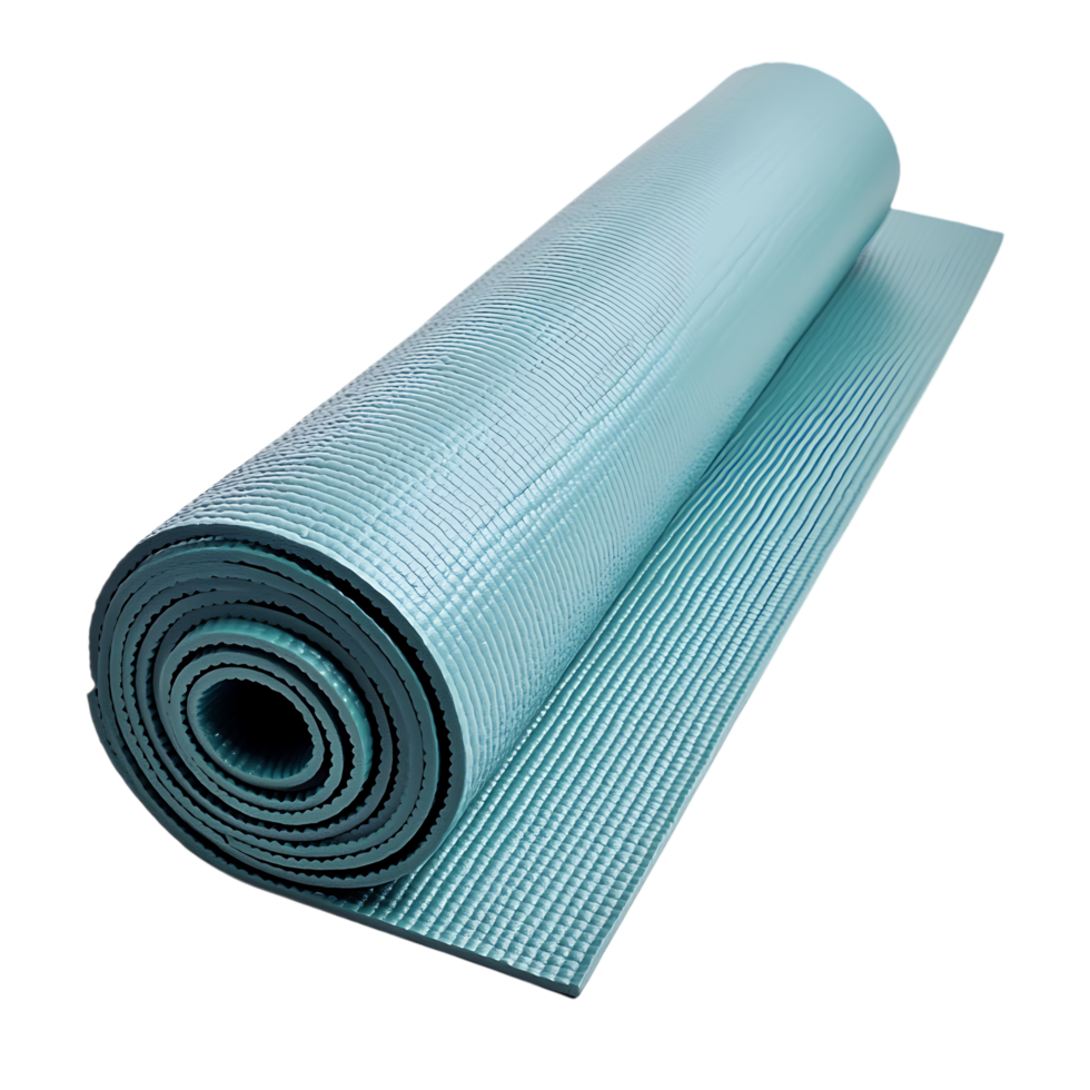 Rolled up light blue yoga mat, exercise mat. png