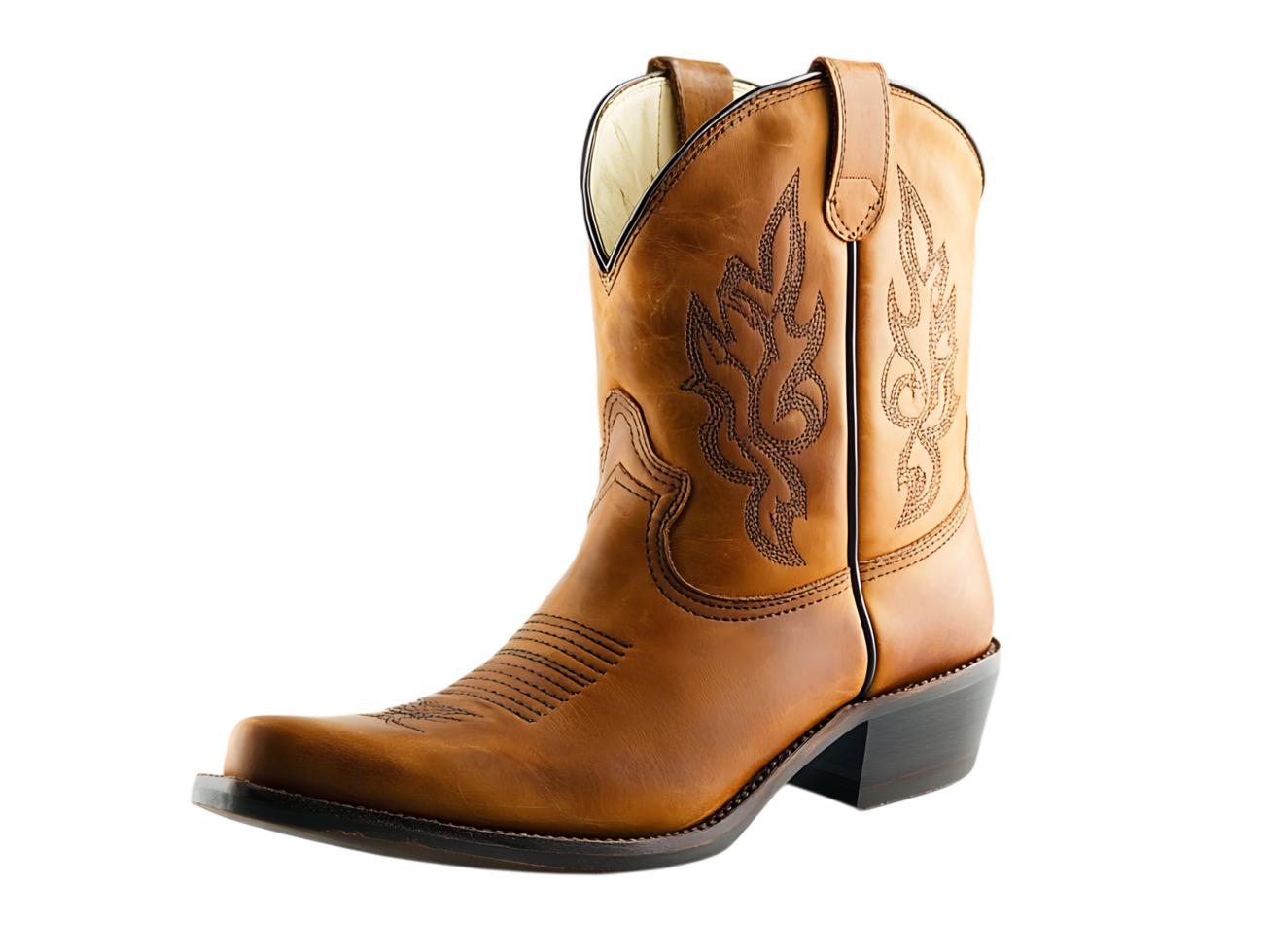 Brown leather cowboy boot with intricate design. png