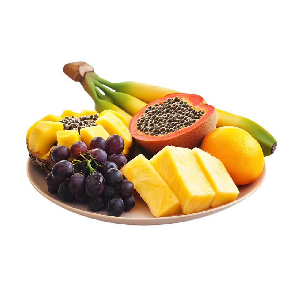 Assortment of fresh fruits on a plate. png