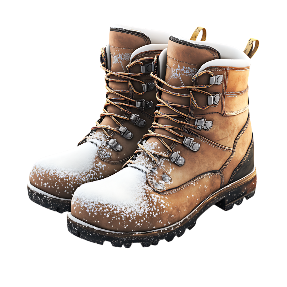 Pair of brown leather winter boots with snow. png