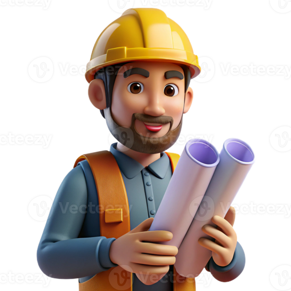 impressive traditional Construction Worker with Blueprints Isolated Engineering Project premium png