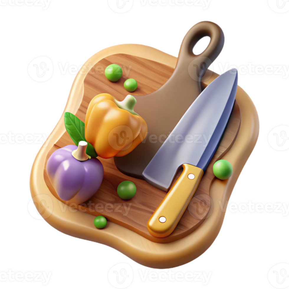 dramatic vintage Cutting Board with Knife and Vegetables Cutout for Cooking Shows authentic png